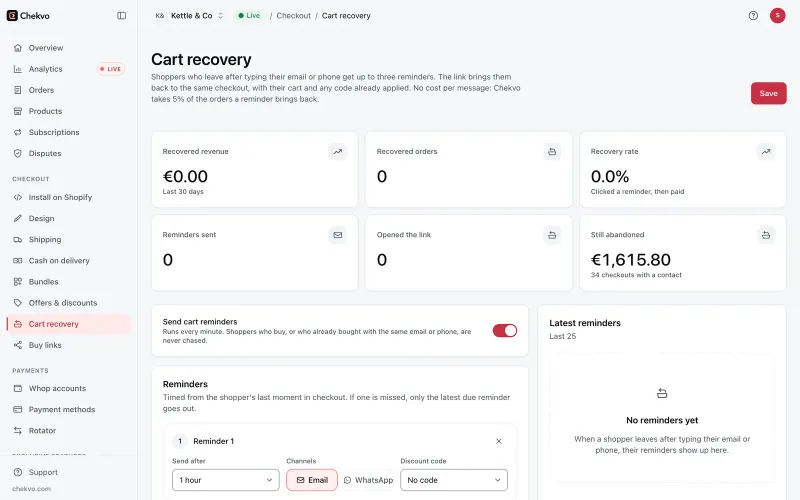 Chekvo cart recovery settings with three reminders by email and WhatsApp