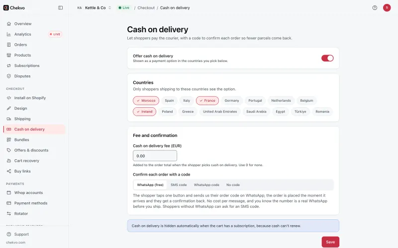 Chekvo cash on delivery settings: countries, COD fee and WhatsApp confirmation
