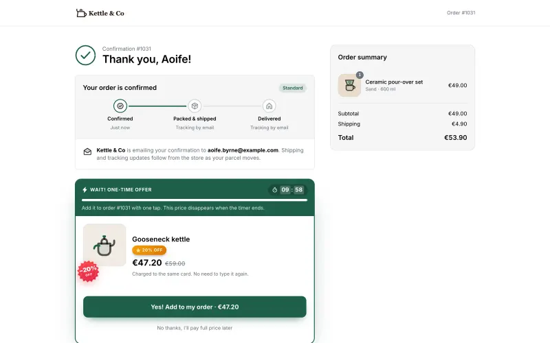 Chekvo thank-you page with a timed one-click upsell offer